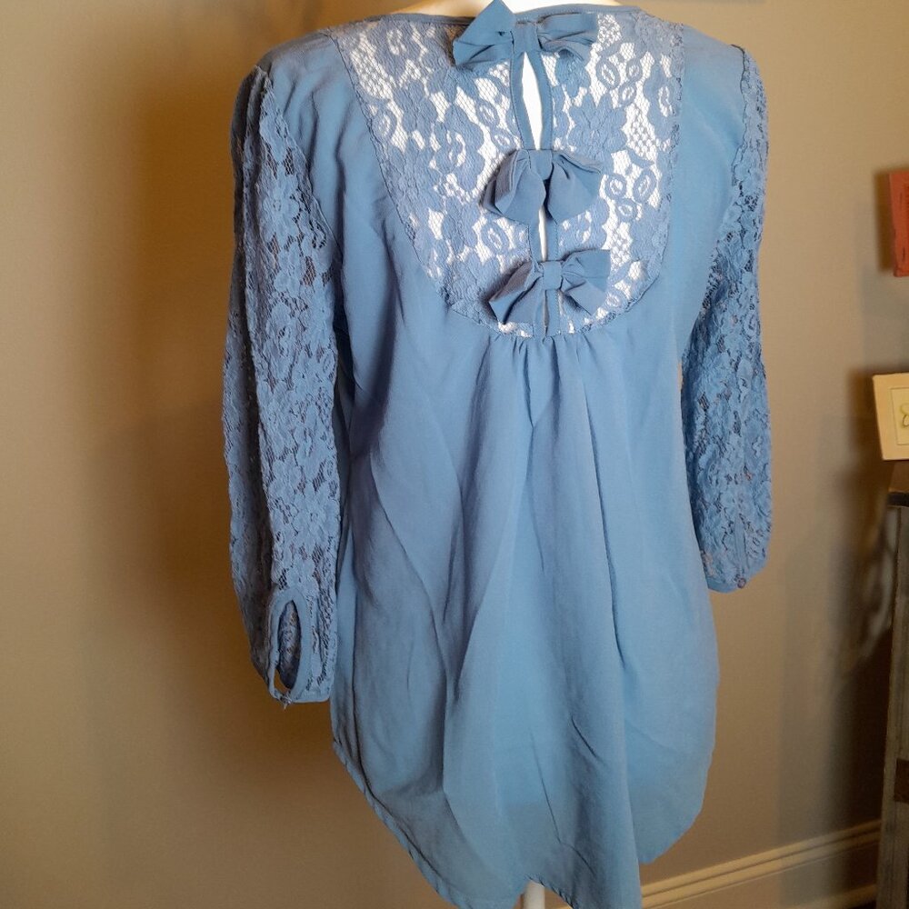 MINE So Cute Blue "Bow Back" Lace Blouse